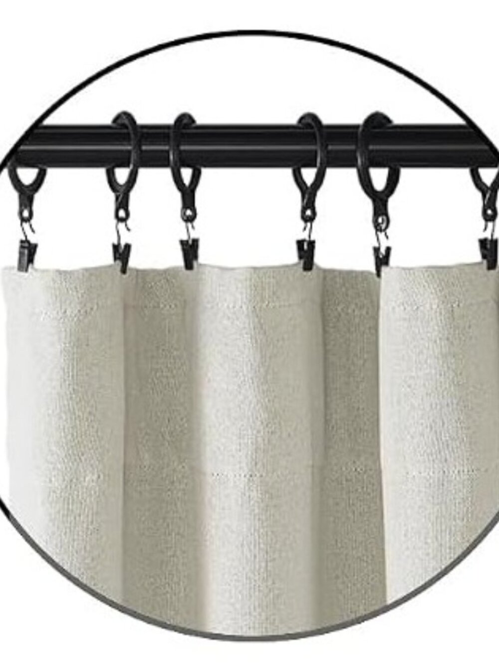Black plastic curtain rings and clips